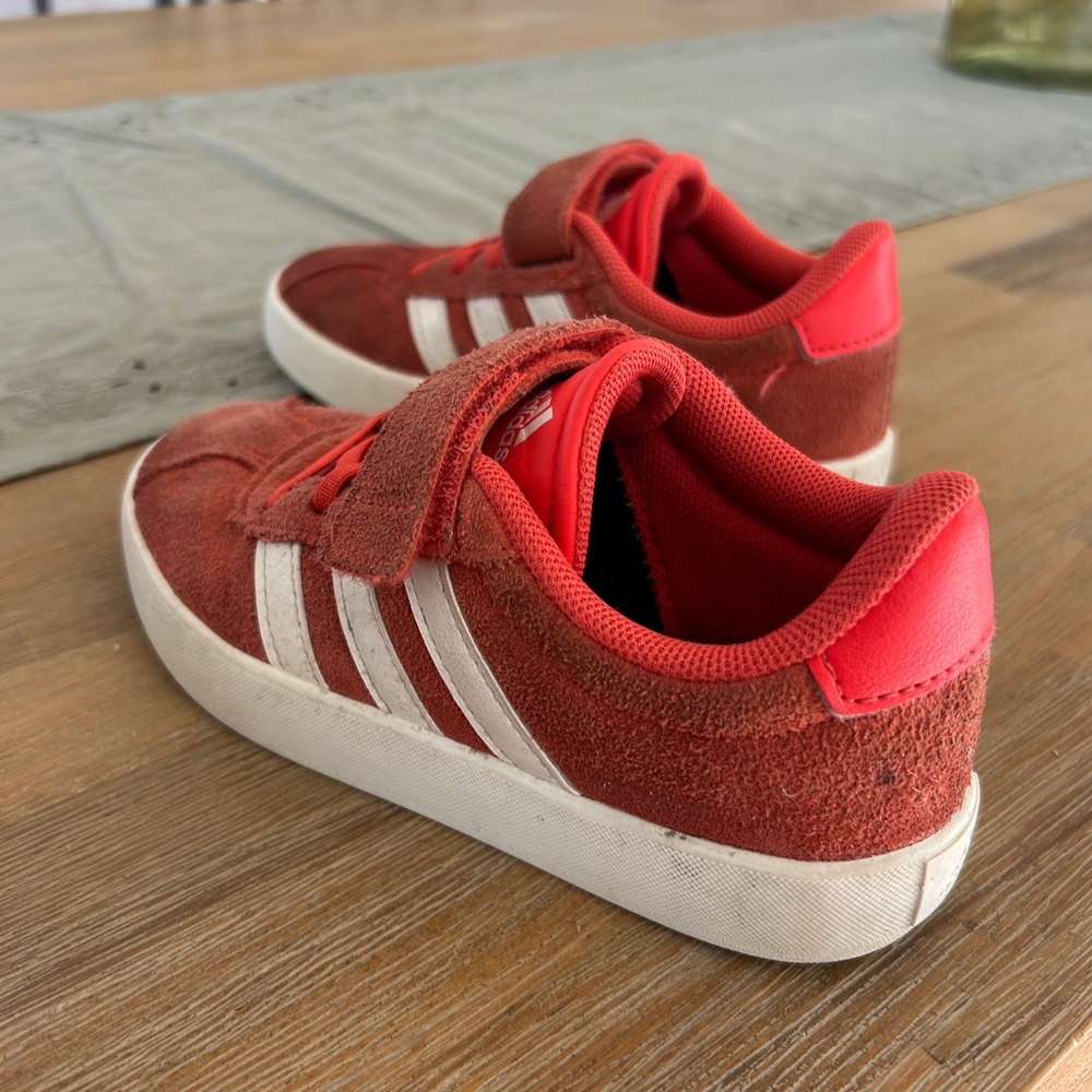 adidas Kids Red Suede Sneakers with White Stripes and Hook-and-Loop Strap
